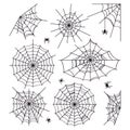 Cobweb collection isolated on white background. Scenery for Halloween. Silhouettes of spiders. Vector illustration Royalty Free Stock Photo