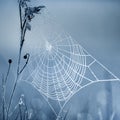 Spider web in the dew on dry grass, cool shades Royalty Free Stock Photo