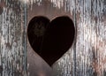 Cobweb in heart shaped hole in old outhouse wooden door Royalty Free Stock Photo