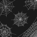 Cobweb vector illustration for Halloween decoration. White spiderweb on corner black background. Isolated vector element