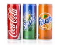 Coca-Cola, Fanta and Sprite Cans Isolated On White Royalty Free Stock Photo