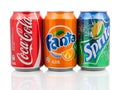 Coca-Cola, Fanta and Sprite cans Royalty Free Stock Photo