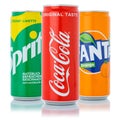 Coca Cola Coca-Cola Fanta Sprite products lemonade soft drink in can isolated on a white background Royalty Free Stock Photo