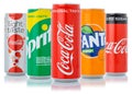 Coca Cola Coca-Cola Fanta Sprite products lemonade soft drink in can isolated on a white background Royalty Free Stock Photo