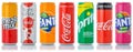 Coca Cola Coca-Cola Fanta Sprite products lemonade soft drinks in cans isolated on a white background Royalty Free Stock Photo