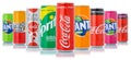 Coca Cola Coca-Cola Fanta Sprite products lemonade soft drinks in cans isolated on a white background Royalty Free Stock Photo