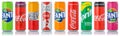 Coca Cola Coca-Cola Fanta Sprite products lemonade soft drinks in cans in a row isolated on a white background Royalty Free Stock Photo