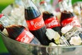 Coca Cola in a glass bottle in a toe with ice cubes with frozen flowers.