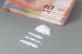 Cocaine lines and euros banknotes Royalty Free Stock Photo