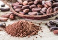 Cocao powder and cocao beans on the wood.