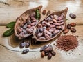 Cocao powder and cocao beans on the wooden table.