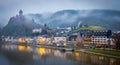 Evening Long Exposure of Clouds and Fog View of Cochem Town, Hills, Castle and Moselle River Front