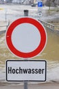 Cochem, Germany - 02 09 2021: Flood warning sing in the flood, Hochwasser no entry Royalty Free Stock Photo