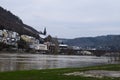 Cochem, Germany - 02 09 2021: Mosel flood with Cochem south shore waterfront Royalty Free Stock Photo