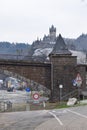 Cochem, Germany - 02 09 2021: Mosel flood with man warning signs nearby Royalty Free Stock Photo