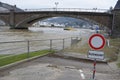 Cochem, Germany - 02 09 2021: Mosel flood on parking lot with warning sign Hochwasser Royalty Free Stock Photo