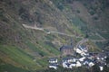 Mosel vally village Valwig with the steep vineyard road in summer