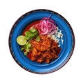 Cochinita Pibil On A Blue Abstraction Round Plate On Isolated Transparent Background Mexican Food. Generative AI