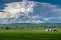 Cochrane Alberta Canada, July 07 2022: A large severe thunderstorm with lightning and tornadoes passing through rural Alberta with