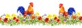 rooster and small chicks in grass, flowers. Seamless pattern. Watercolor Royalty Free Stock Photo