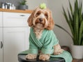 Fluffy cockapoo dog in mint green robe with headband, sitting on a spa stool in cozy bathroom interior surrounded by plants and Royalty Free Stock Photo