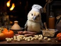 Cockatiel chef kneading tiny dough ISO shot