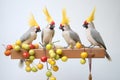 cockatiels grouped on a perch eating fruits