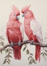 the cockatoo pair in the style of light red and pink, historical imagery, naturalistic renderings