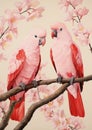 the cockatoo pair in the style of light red and pink, historical imagery, naturalistic renderings