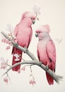 the cockatoo pair in the style of light red and pink, historical imagery, naturalistic renderings