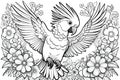 Cockatoo parrot bird monochrome line drawing flowers