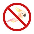 Cockatoo parrot in prohibition sign. Do not touch and catch wild rare birds. Don t feed the parrots. Forbidden zoo sign Royalty Free Stock Photo