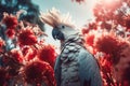Cockatoo with showy crest in blooming flowers. Generate ai