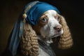 Cocker Spaniel Dog Animal with a Pearl Earring in Johannes Vermeer style illustration generative ai
