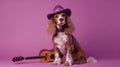 Cocker Spaniel Dog Wearing A Cowboy Hat And Boots With A Guitar On Purple Background. Generative AI