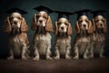 cocker spaniel Dogs standing in a line, wearing graduation caps and gowns, with a proud look on their faces illustration Royalty Free Stock Photo