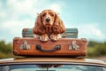 A cocker spaniel with fluffy fur is perched on an old suitcase atop a car, enjoying the Royalty Free Stock Photo