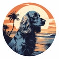 Cocker Spaniel Ocean Sunset Bwc - Graphic Illustration In Traditional Style