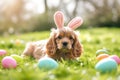 Cocker Spaniel puppy with Easter bunny ears lying on the grass with colorful eggs Royalty Free Stock Photo