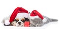 Cocker Spaniel puppy and tiny kitten with gift box sleeping in red santa hats. isolated on white Royalty Free Stock Photo