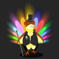 Cockerel in a black dress coat and hat the cylinder with cane. symbol Christmas rooster chicken big smart tail to Royalty Free Stock Photo