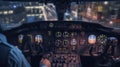 The cockpit of the aircraft with the captain at the helm, View from the cockpit, night city, 8K, AI generative