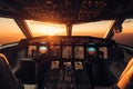 The cockpit of an airliner at sunset is a serene and tranquil sight, with the orange-red hues of the sun setting over Royalty Free Stock Photo