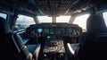 Cockpit of airplane inside view, aircraft flight deck in airport, generative AI Royalty Free Stock Photo