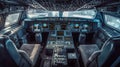 Cockpit of airplane inside view, aircraft flight deck at airport, generative AI