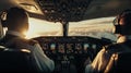 Cockpit of airplane inside view, aircraft flight deck with pilots, generative AI Royalty Free Stock Photo