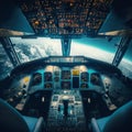 Cockpit of airplane inside view, flight deck of modern aircraft, generative AI Royalty Free Stock Photo