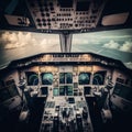 Cockpit of airplane inside view, flight deck of modern aircraft, generative AI Royalty Free Stock Photo