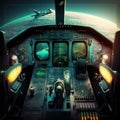 Cockpit of airplane inside view, flight deck of modern aircraft, generative AI Royalty Free Stock Photo