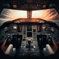 Cockpit of airplane inside view, flight deck of modern aircraft, generative AI Royalty Free Stock Photo